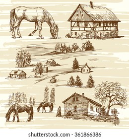 Farm and horses - hand drawn set