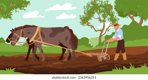 Caballos de granja arando suelo de campo con ilustración vectorial de arado. Escena de campo retro de caricatura con granjeros y animales trabajando para cultivar grano orgánico, vieja tecnología agrícola y producción