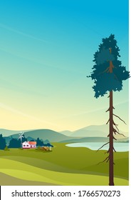 farm house, agricultural land on meadow fields vertical summer skyline vector illustration