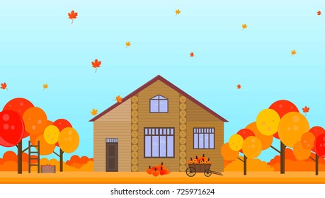 Farm house in autumn season background Vector illustrations