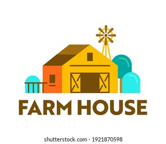 Pancarta de la casa de campo con un granero de madera en el rancho. Mercado de agricultores, Publicidad Ecológica de Producción Orgánica Natural, Cartel Promocional, Productos de Calidad Premium. Ilustración, icono o etiqueta del vector de dibujos animados