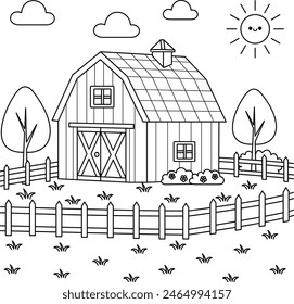 Farm house, barn coloring page for kids. Summer landcape vector illustration