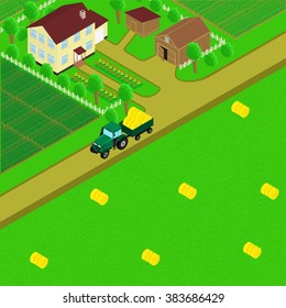 Farm. Farm house and barn. Tractor transports the hay, planting the fields, village road. illustration. isometric.