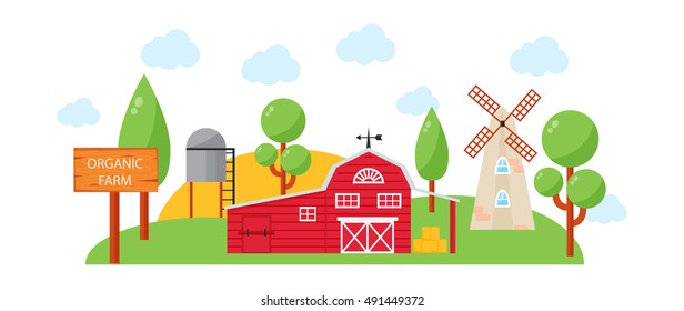 Farm House concept colored template with farm landscape