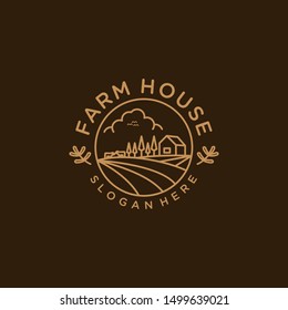 Farm House concept with farm landscape. Gold logotype on Dark gold background. Logo design inspiration