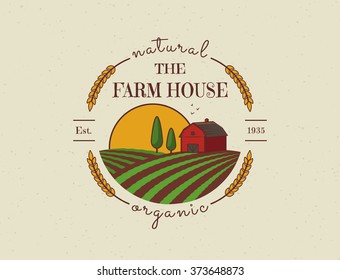 Farm House concept logo. Colored template with farm landscape. Label in retro style for natural and organic products. Vector illustration.
