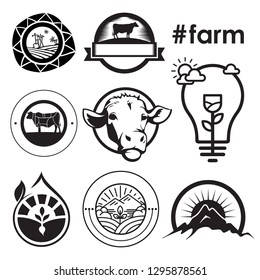 Farm house concept logo emblem. Template with farm landscape. Label for natural farm products. Black logotype isolated on white background. Vector illustration eps8. eps10