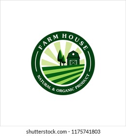 Farm house concept logo, template with farm landscape and pine trees, label for natural organic product