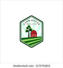 Farm house concept logo, template with farm landscape, label, badge, emblems for natural product