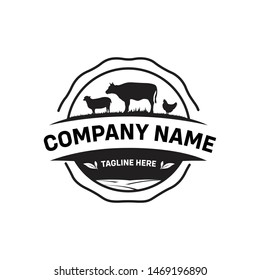 Farm House concept logo. Template with farm landscape. Label for natural farm products. Black logotype isolated on white background. Vector illustration.