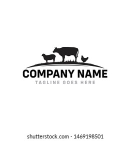 Farm House concept logo. Template with farm landscape. Label for natural farm products. Black logotype isolated on white background. Vector illustration.