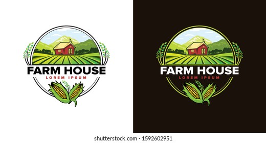 Farm House concept logo. Template with farm landscape. Label for natural farm products. Black logotype isolated on white background. Vector illustration.