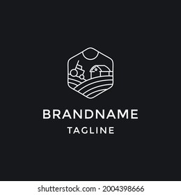 Logo des Bauernhauses. Vorlage mit Landschaft. Etikett für natürliche Agrarerzeugnisse. Schwarzer Logotyp