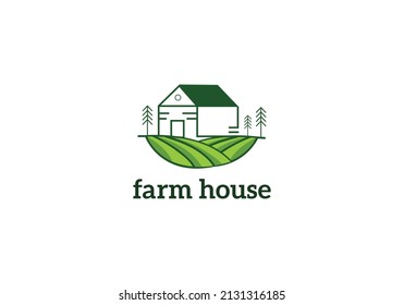 Farm House concept logo. Template with farm landscape. Label for natural farm products.