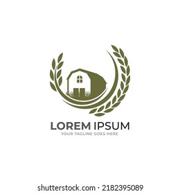 Farm House concept logo. Template with farm landscape. Label for natural farm products. Black logotype isolated on white background. Vector illustration.