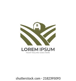 Logo des Bauernhauses. Vorlage mit Landschaft. Etikett für natürliche Agrarerzeugnisse. Schwarzer Logotyp einzeln auf weißem Hintergrund. Vektorgrafik.