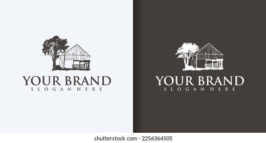 Farm House concept logo. Template with farm landscape. Label for natural farm products