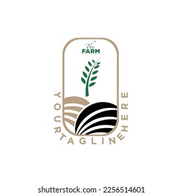 Farm House concept logo. Template with rural landscape. Labels for natural agricultural products. Vector illustration.