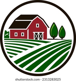 Farm House concept logo. Template with farm landscape. Label for natural farm products. Color logotype isolated on white background. Vector illustration.