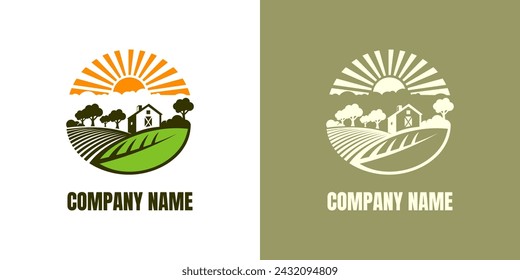 Farm House concept logo. Template with farm landscape. Black logotype isolated on white background. Vector illustration.