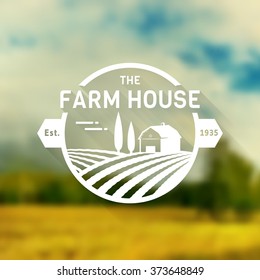 Farm House concept logo. Logo template with farm landscape on blurred background. Retro label for natural farm products. White logotype in flat style. Vector illustration.