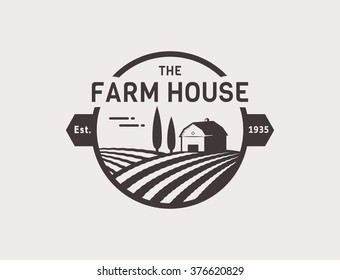 Farm House concept logo. Template with farm landscape. Label for natural farm products. Black logotype isolated on white background. Vector illustration.