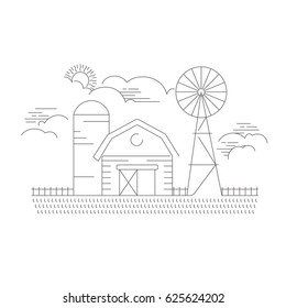 Farm House concept logo. Template with farm landscape. 