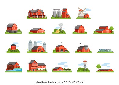 Farm house and constructions set, agriculture industry and countryside buildings vector Illustrations