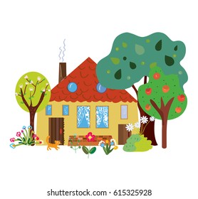 Farm house in the countryside cartoon - vector graphic illustration