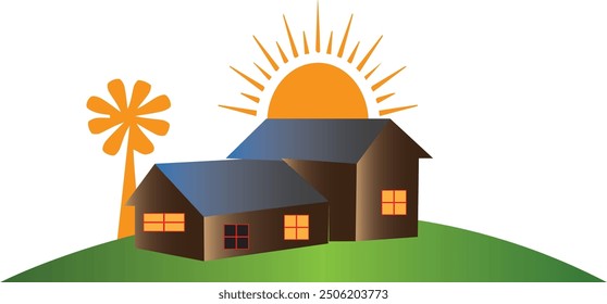 Farm house design, weather vanes, sun, house, vector art, adobe illustrator, illustration, green farm, vector, printable can be used anywhere. eps