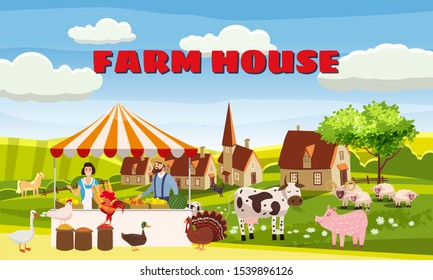 Farm House Farmer Family Sell Harvest Products Grocery On Eco Farm Organic. Farm animals goose, turkey, duck, cow. House and farm buildings. Vector isolated carton style poster banner