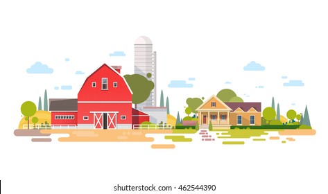 Farm With House, Farmland Countryside Landscape Flat Vector Illustration