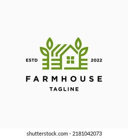 Farm House with Fence and Trees Logo Concept in Simple Iconic Line Style Design Vector