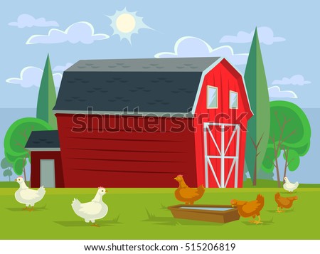 Farm house field and chicken. Vector flat cartoon illustration