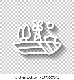 Farm house and field, organic product, simple icon. White linear icon with editable stroke and shadow on transparent background