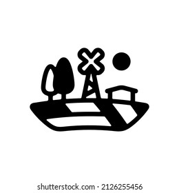 Farm house and field, organic product, simple icon. Black icon on white background