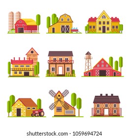 Farm house with grain and fodder barn or cattle corral vector cartoon flat icons set