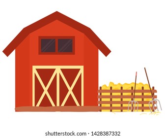 Farm house, hay and pitchfork near fence wooden building with agricultural equipments, farmland decoration element, ranch red house object vector