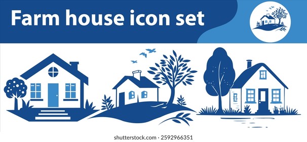 Farm house icon set, vector, sun, house, outline, icon, plant, building, illustration, food, icon, nature, farming, wheat, tractor, agriculture, chicken, field, tree and more