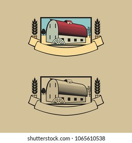 farm house illustration vector ( colored & vector line) vintage style
