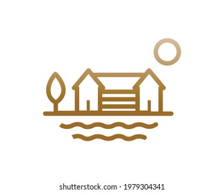 Farm and house logo concept with the line art style. Real estate - environment design template. Vector Illustration