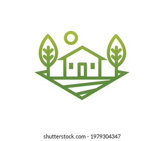 Farm and house logo concept with line art style. Real estate - environment design template. Vector Illustration