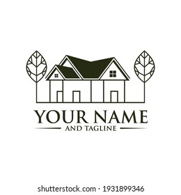 Concepto de logotipo de la casa de campo en un vector de diseño de estilo de línea simple y cónica, plantilla de logotipo de vectores residentes de madera verde. Plantilla de diseño de dos árboles incorporados con una casa hecha de un simple rasguño.