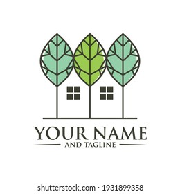 Farm House Logo Concept in Simple Iconic Line Style Design Vector, Green Wood Resident Vector Logo Template. Design template of two trees incorporate with a house that made from a simple scratch.