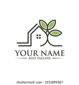 Farm House Logo Concept in Simple Iconic Line Style Design Vector, Green Wood Resident Vector Logo Template. Design template of two trees incorporate with a house that made from a simple scratch.