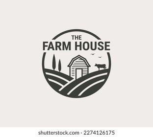 Farm House logo. Cow and field for natural farm products. Vector illustration.