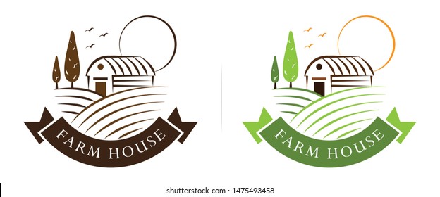 farm house logo in engraved style vector illustration
