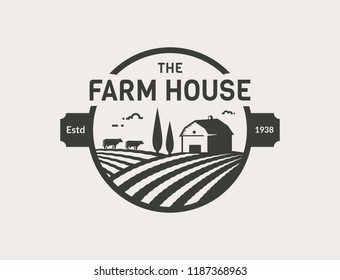Farm House logo isolated on white background. Black emblem with farmhouse, cows and fields for natural farm products. Vector illustration.