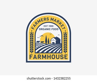 Farm House logo isolated on white background. Retro emblem with farmhouse, cows and fields for natural farm products, organic food, farmers market. Vector label.