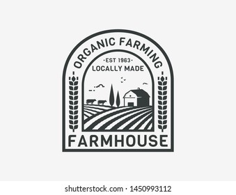 Farm House logo isolated on white background. Black emblem with farmhouse, cows and fields for natural farm products, organic food, farmers market. Vector badge.